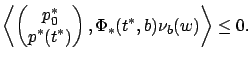 $\displaystyle \left\langle\begin{pmatrix}
p_0^* \\
p^*(t^*)
\end{pmatrix},\Phi_*(t^*,b)\nu_b(w)\right\rangle\le 0.
$