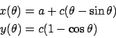 \begin{displaymath}\begin{split}x(\theta)&=a+c(\theta-\sin \theta)\\ y(\theta)&=c(1-\cos \theta) \end{split}\end{displaymath}